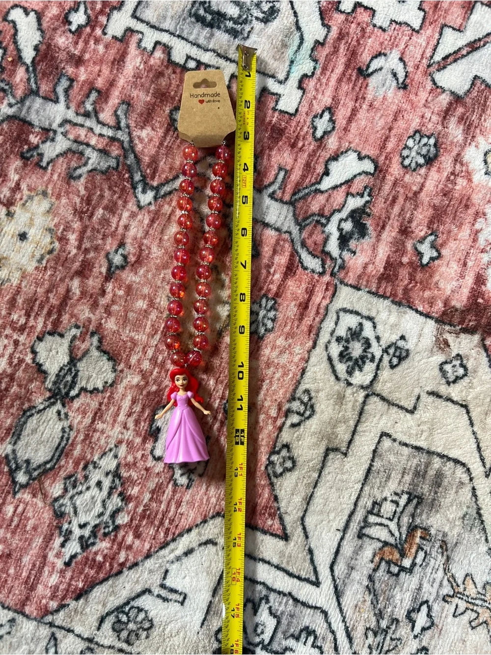 Handmade Kids Princess Beaded Necklace - Pink Pendant with Red Beads